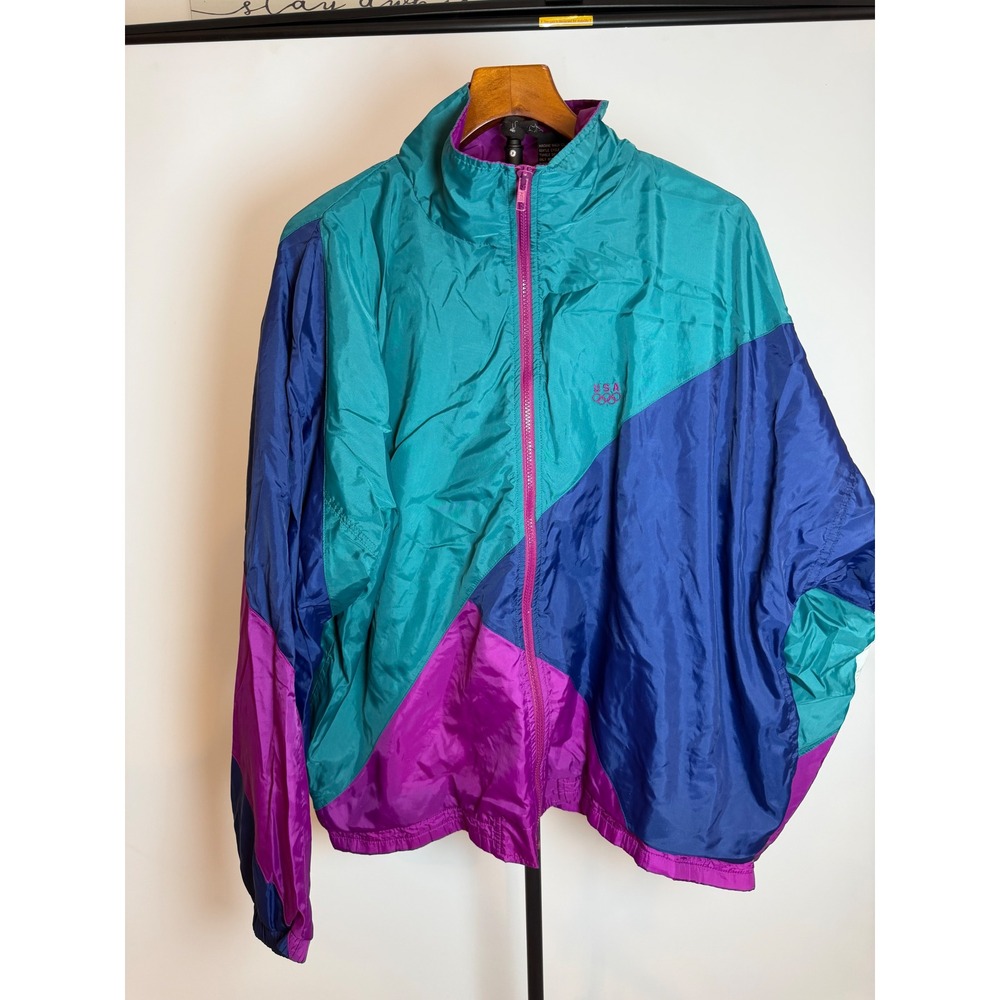 Vintage USA Olympic Colorblock Windbreaker Jacket XL Teal Purple Blue 90s Zip Up